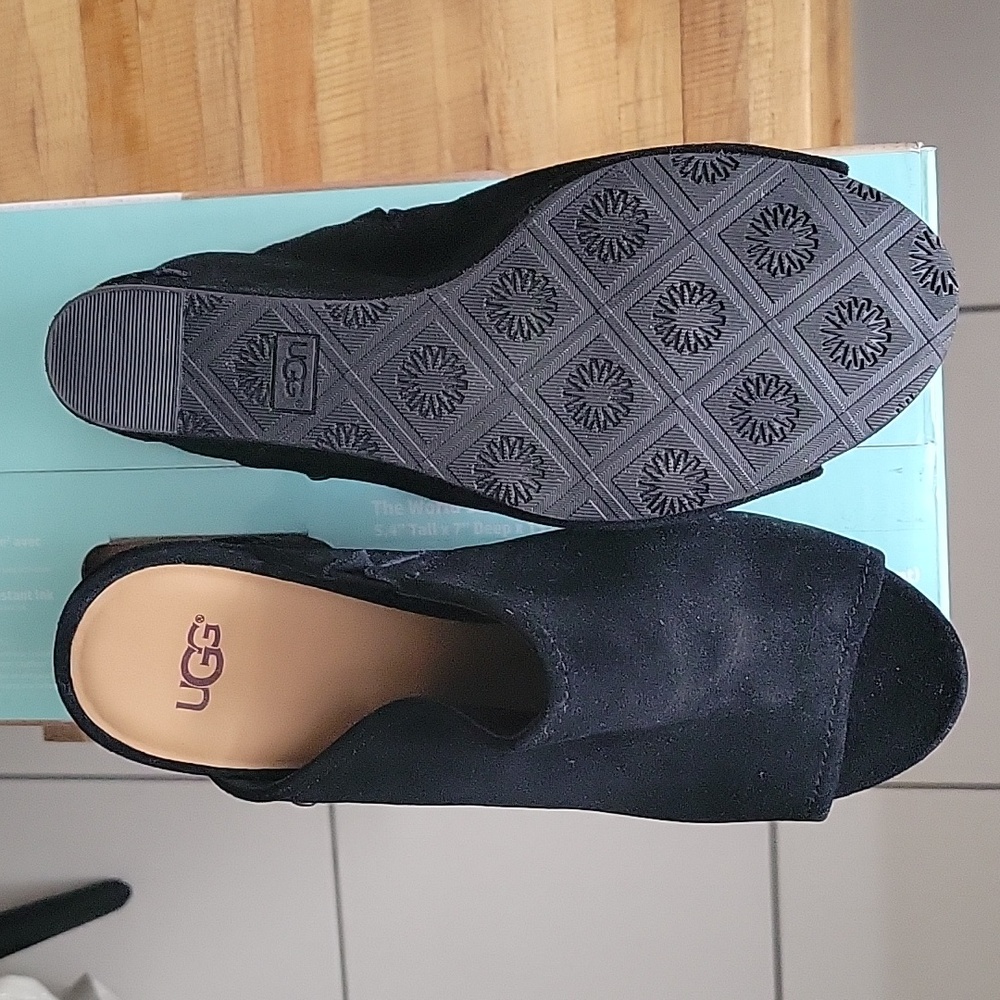 UGG Black Suede Wedge Peep-Toe Mules - Picture 2 of 4